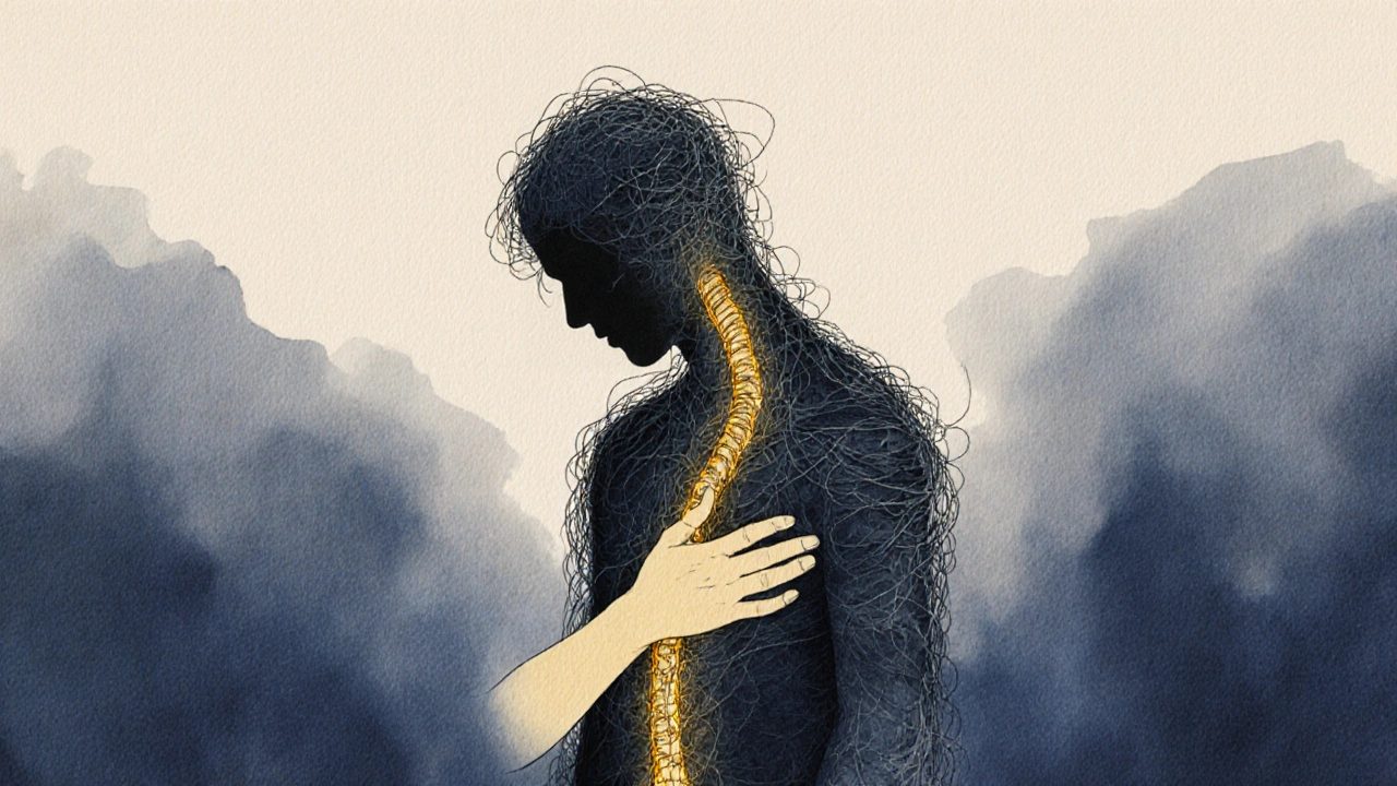 Abstraktní silueta těla, která se uvolňuje z napjatých vláken do zlatého světla, symbolizující emocionální uvolnění.