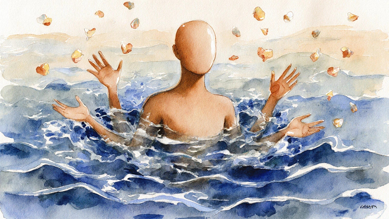 Abstraktní vodová barva znázorňující energii jako vlny, které obklopují lidskou formu v klidném uvolnění.