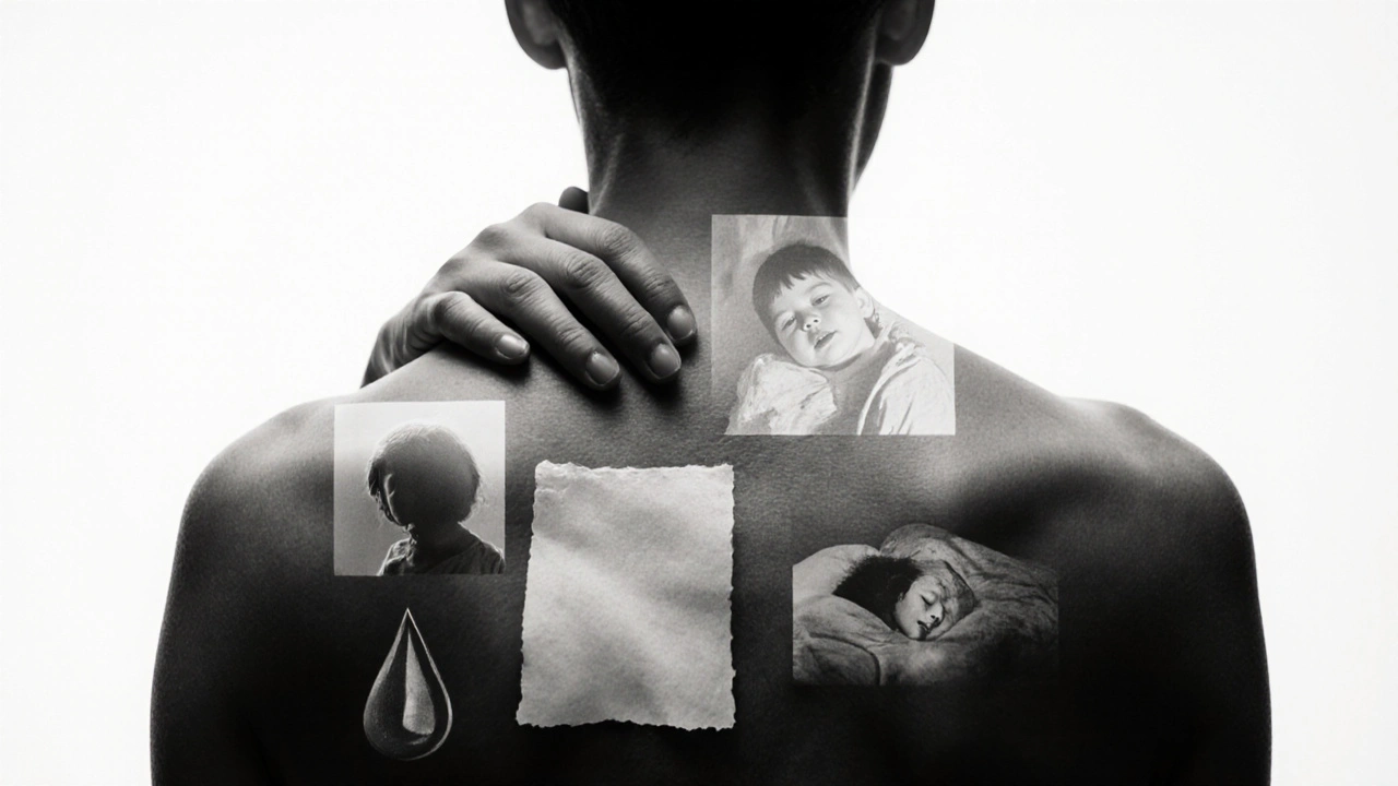 Černobílá fotografie ruky na zádech s průhlednými stíny vzpomínek, které se rozpouštějí do kůže.