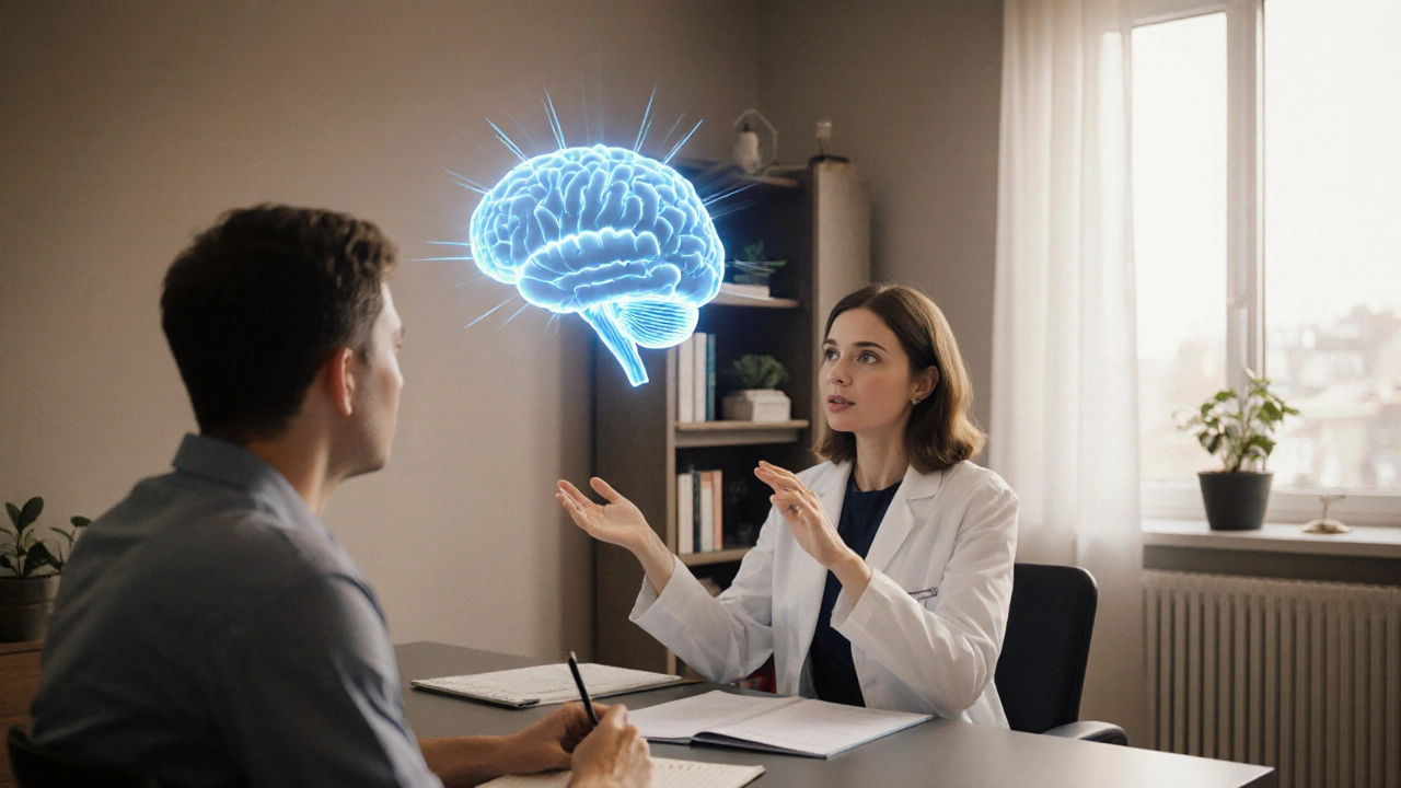 Neurolog diskutuje o migréně u 3D modelu mozku s pacientem v moderní ordinaci.