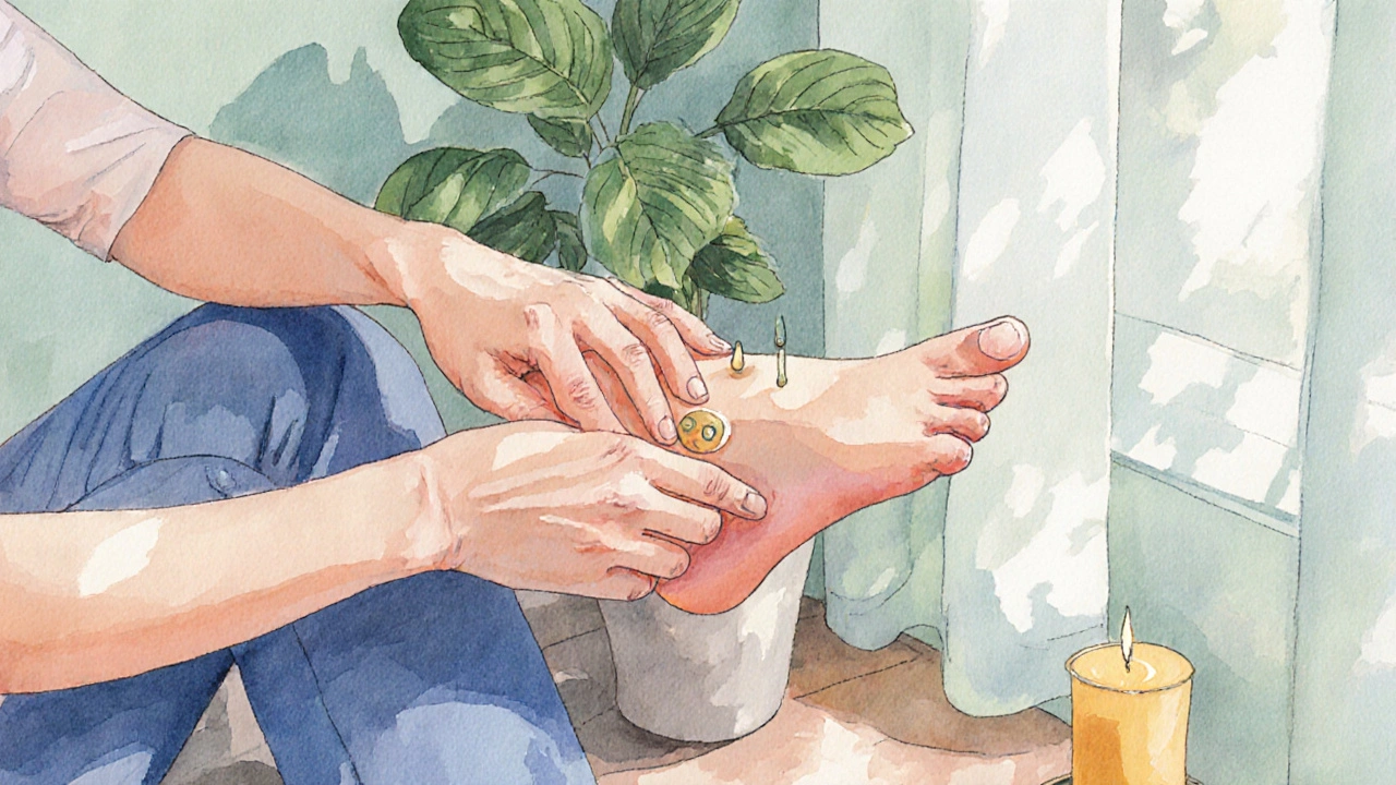 Osoba provádí samomasáž chodidla, otáčí prsty, používá aromatický olej v pokojné místnosti.