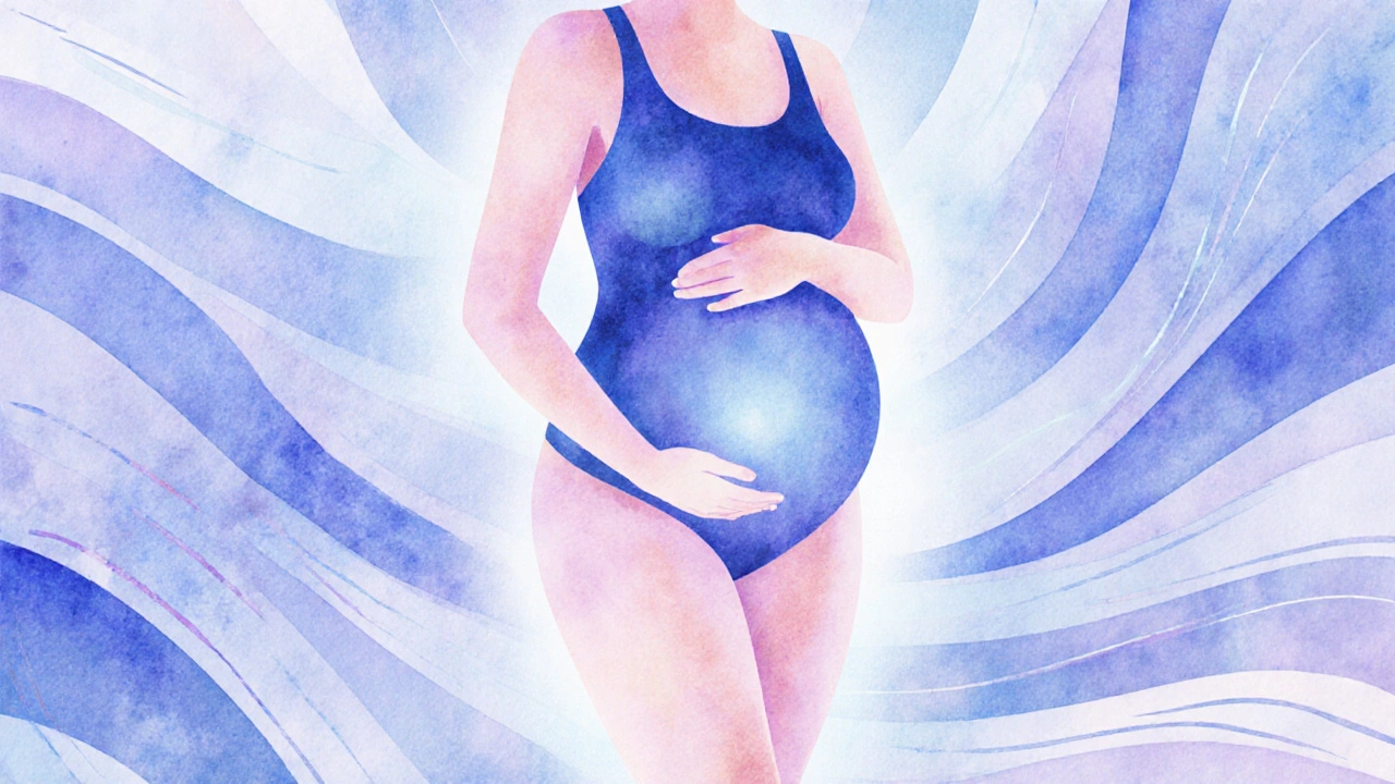 Abstraktní ilustrace těhotné ženy s proudy energie ukazujícími zlepšený oběh a snížené otoky nohou.