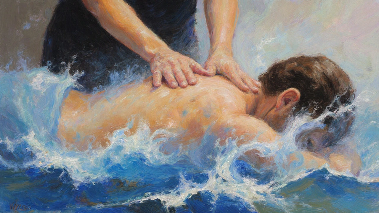 Abstraktní vlny energie se uvolňují z těla během masáže Lomi Lomi, symbolizující uvolnění emocí.