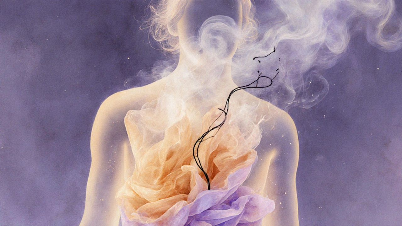 Abstraktní znázornění tělesného napětí, které se mění v mlhu a světlo, bez fyzického kontaktu.