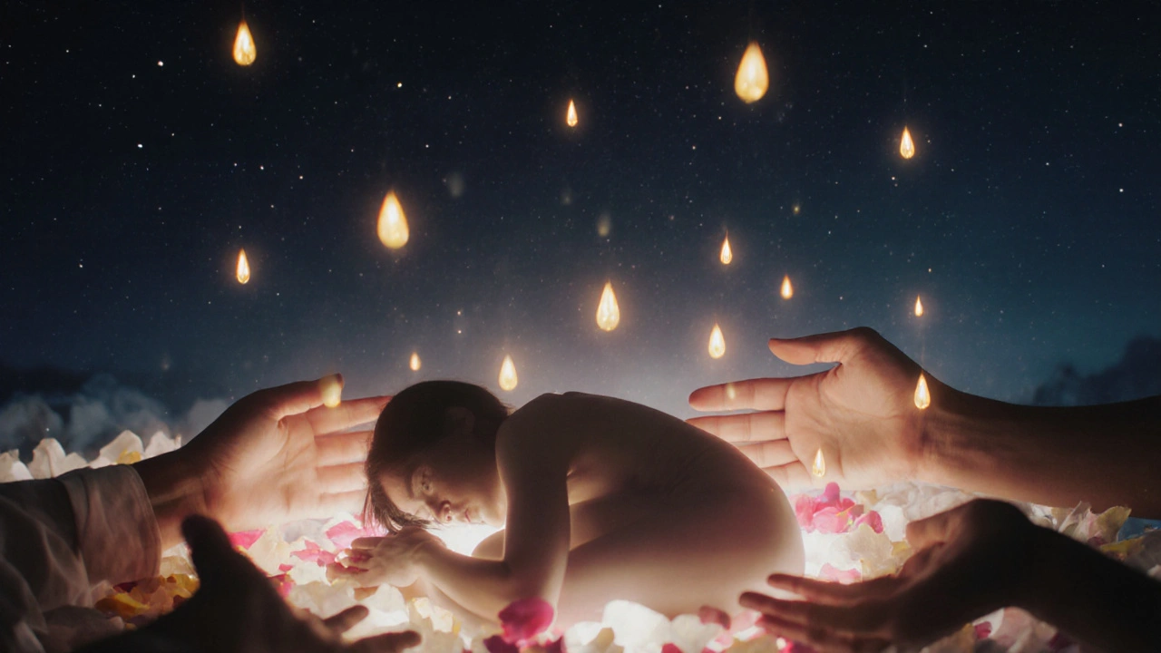 Člověk pod hvězdnou oblohou, jemně unášen neviditelnými rukama, s plujícími petaly a kapkami oleje jako oheňky v klidu.