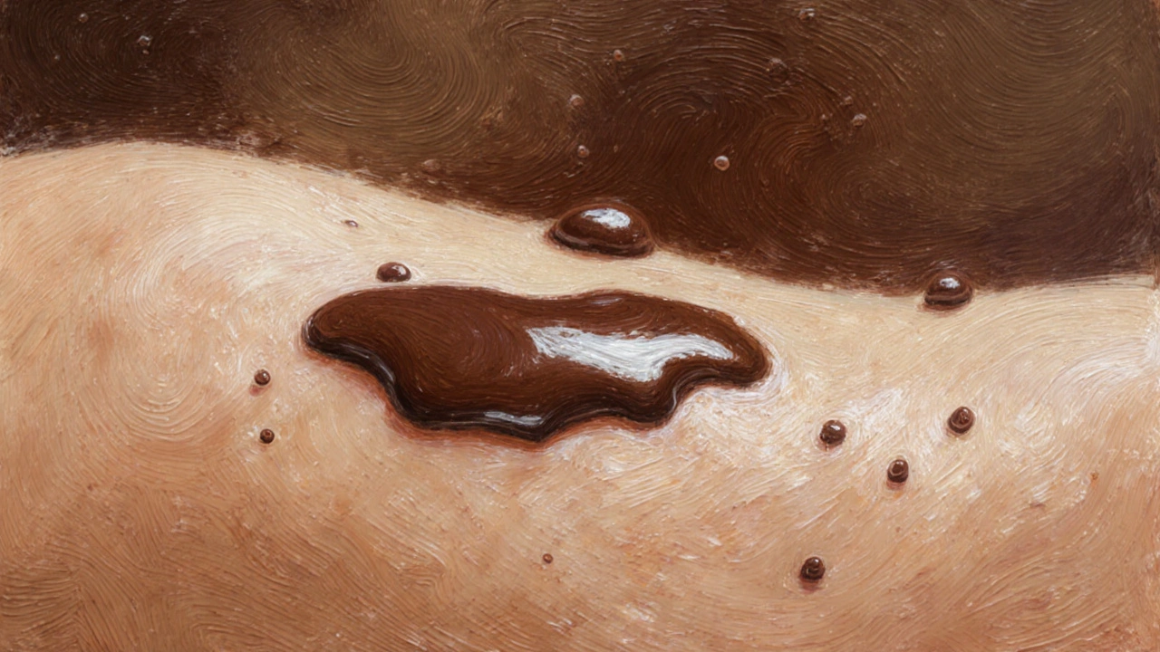 Detail kůže po čokoládové masáži s lesklou vrstvou čokolády a jemným zářením.