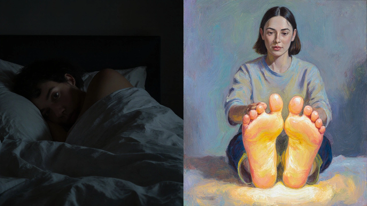 Dvě části obrázku: depresivní stav vs. klid po reflexní masáži.