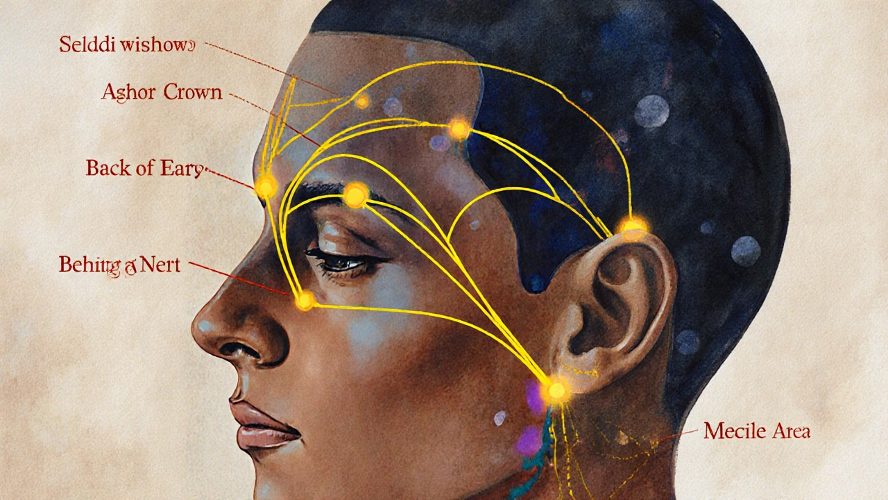 Energetické body na hlavě spojené zlatými čarami, označující místa pro tlak lokty.