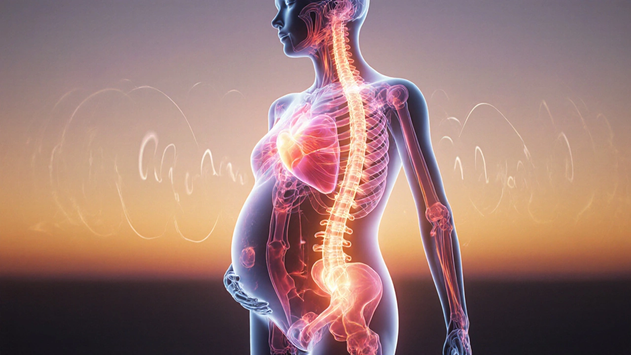 Koncepční obrázek ukazující zlepšení oběhu a uvolnění stresu během těhotenské masáže.