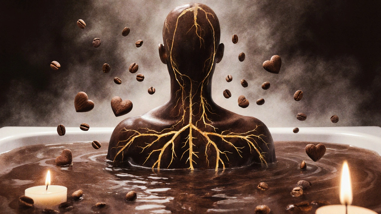 Konceptuální obraz člověka v proudu čokolády s zlatými žilami světla vyzařujícími z těla.