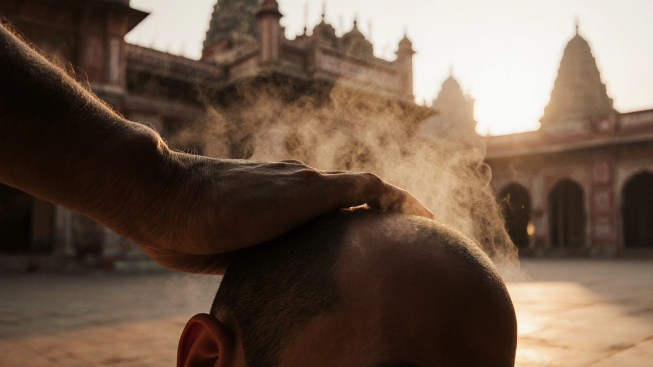 Loket tlačí na zátylek s teplým olejem a jemným světlem v pozadí.