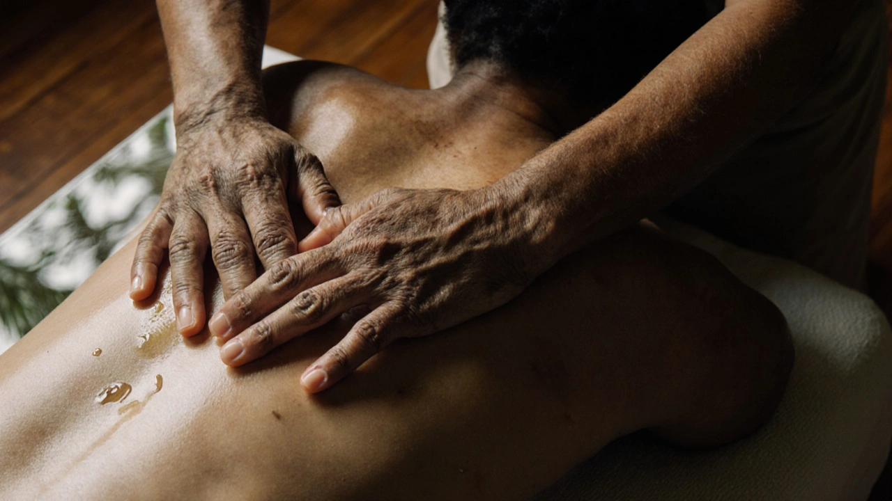 Ruce léčitele jemně klouzají po zádech klienta během autentické havajské masáže Lomi Lomi.