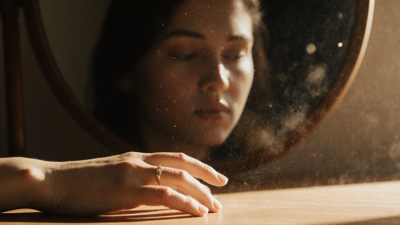 Ruka na dřevěném stole, v zrcadle se odráží klidná tvář s jemnými slzami – okamžik uvolnění.