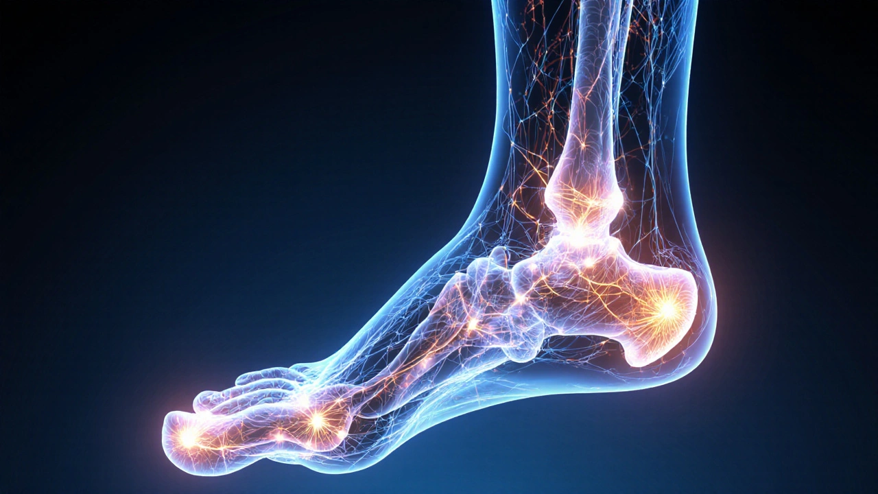 Schematický náčrt nervových cest spojujících chodidlo s mozkem.