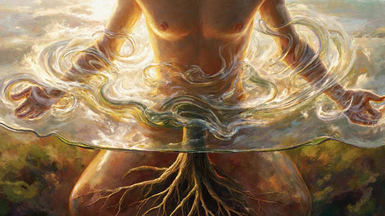 Tělo pohlceno vlnami světla a oleje, symbolizujícími plynulý, dechem řízený pohyb havajské masáže Lomi Lomi.