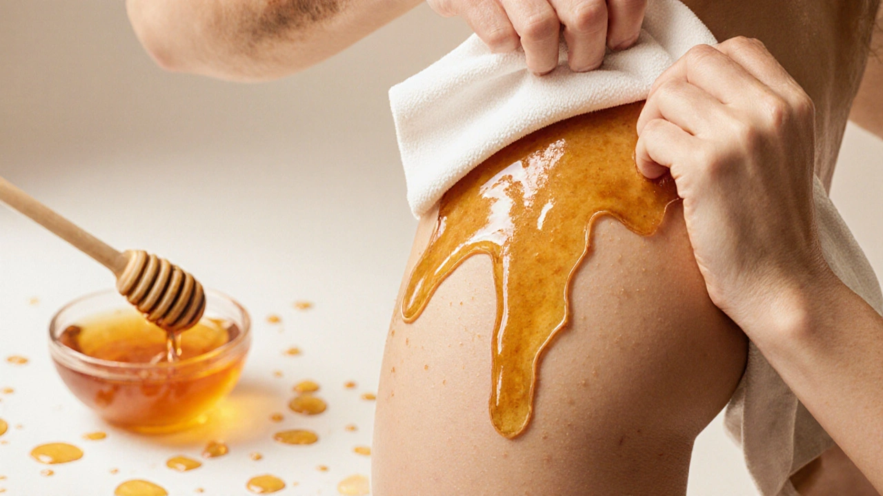 Žena rychle odtrhává med z kůže na boku, med přilne k ručníku.