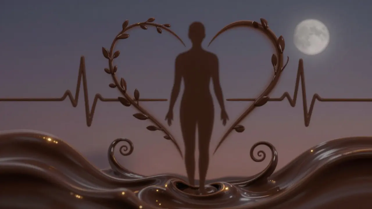 Abstraktní silueta obklopená vlnami čokolády, které symbolizují obnovu těla a duše.