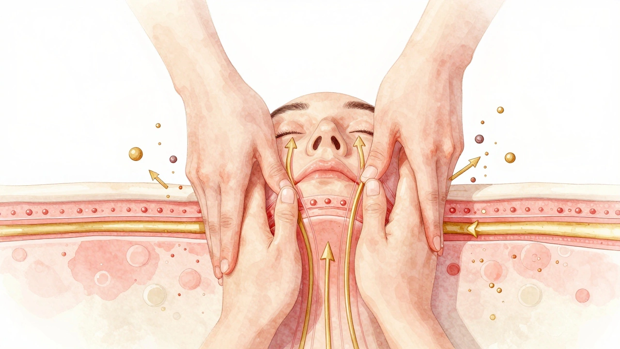 Ilustrace kůže při masáži s ukázkou zvýšeného krevního oběhu a odvádění toxinů.