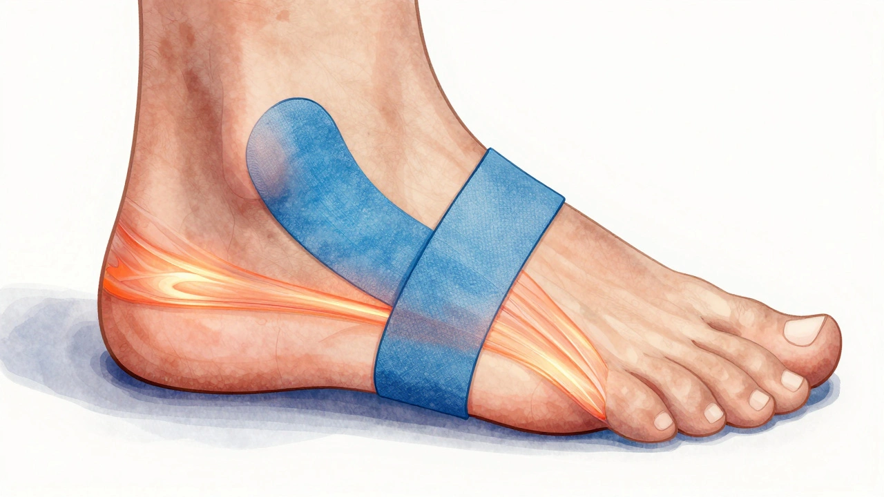 Ilustrace roztahované plantární fascie pod kůží nohy s tejpem, který snižuje napětí a zlepšuje krevní oběh.