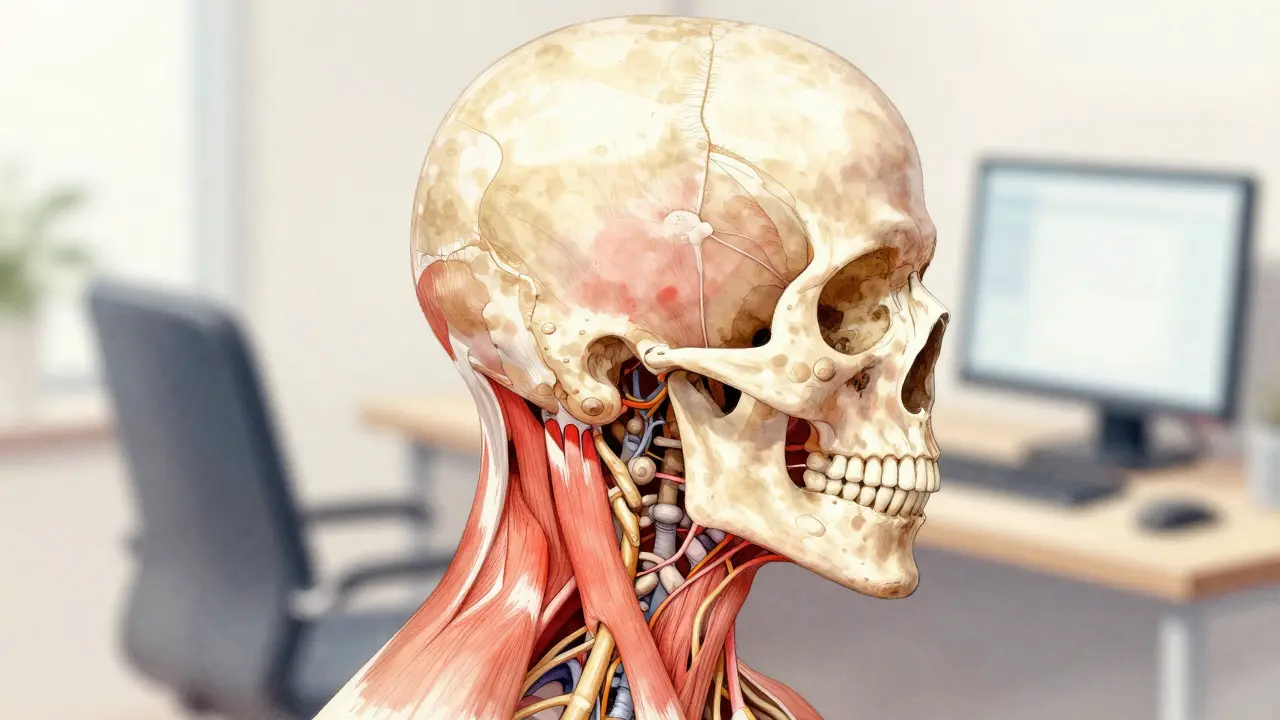 Křížový řez krku a lebky s vyznačenými napjatými svaly pod kůží hlavy.