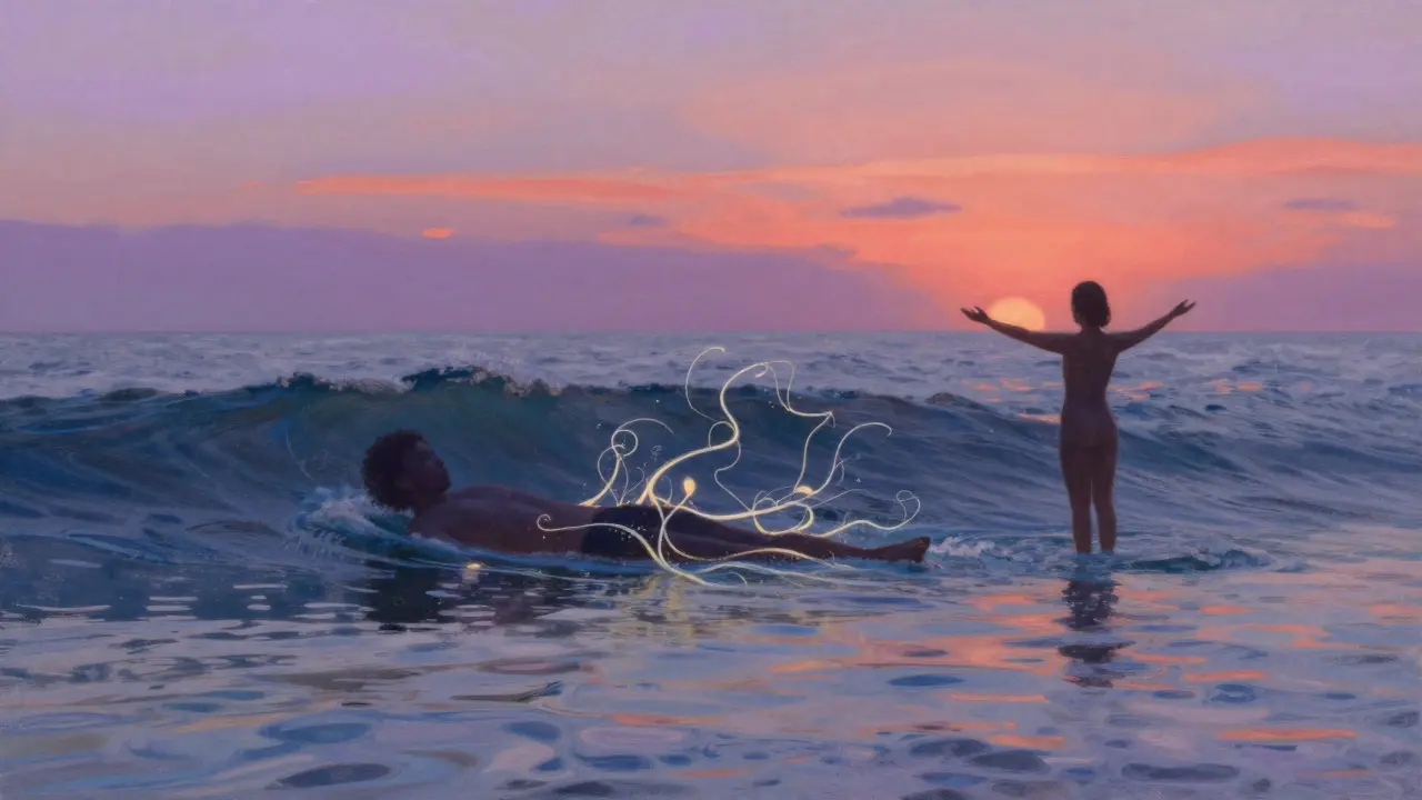Lidská silueta v oceánské vlně, světelné proužky vystupují z těla, zářící obloha na obzoru.