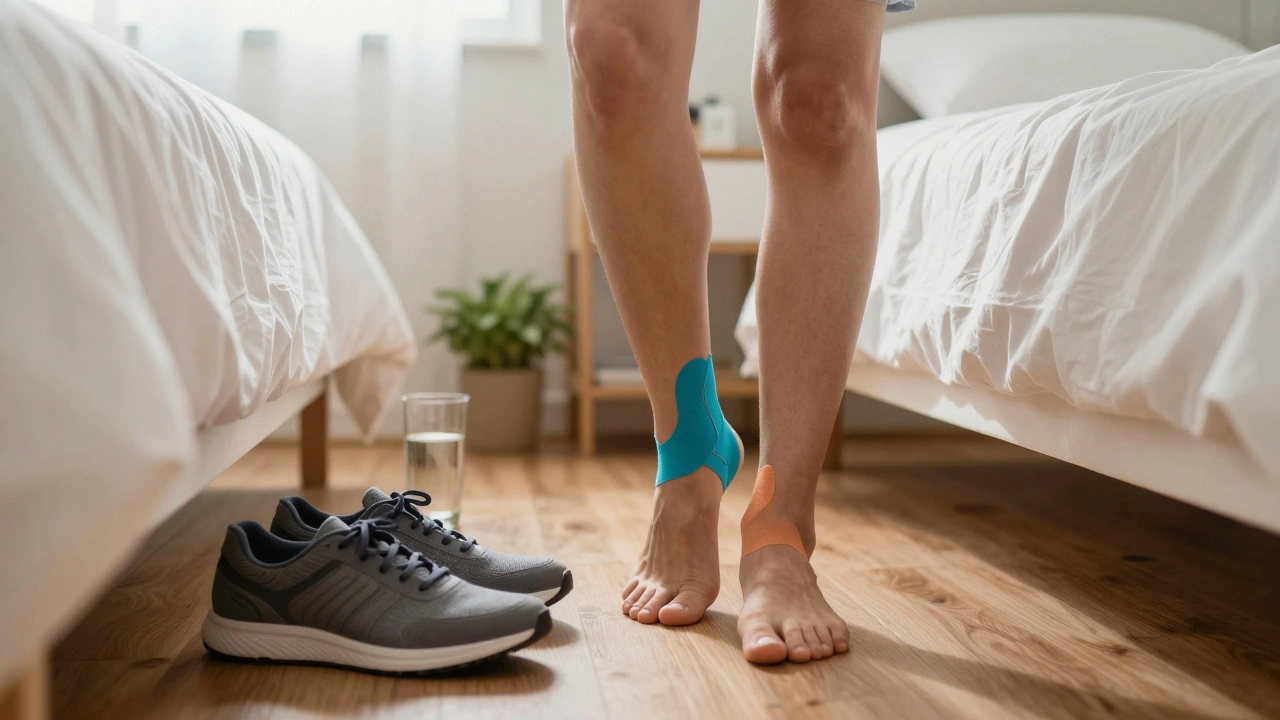 Osoba krokem vstává z postele s tejpem na patách, ráno, s podporujícími botami na zemi.