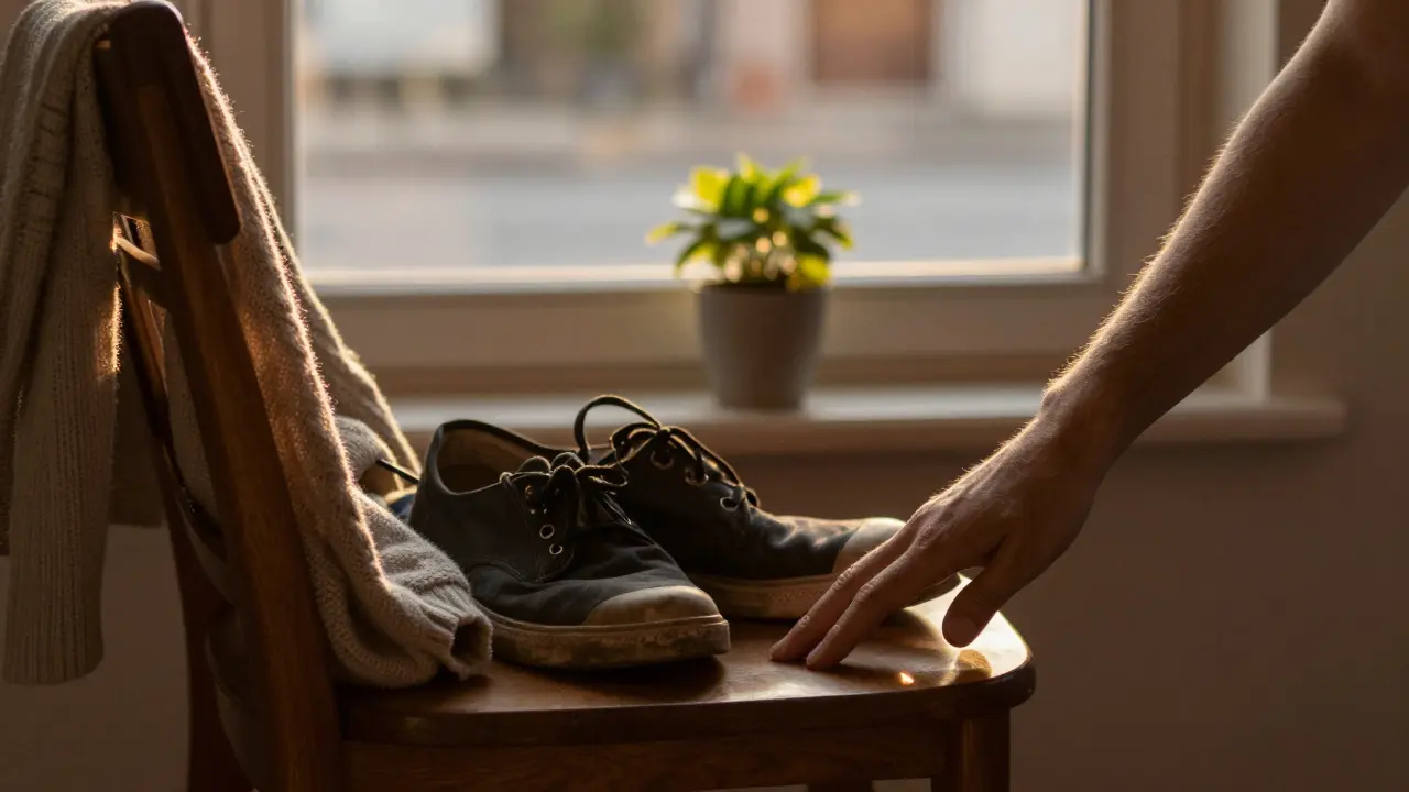 Pár bot a svetr na židli ve večerním světle — symbol týdenního resetu těla a mysli.