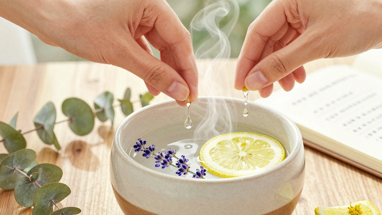 Ruce míchají esenciální oleje do difuzéru s ranním světlem.