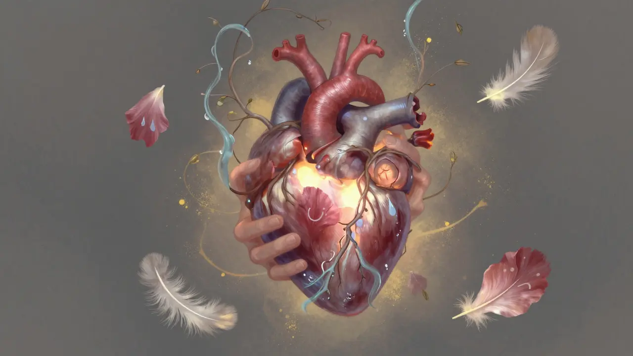 Srdce ve vzduchu, obklopené mořskými proudy a květy, symbolizující uvolnění skrytých emocí.