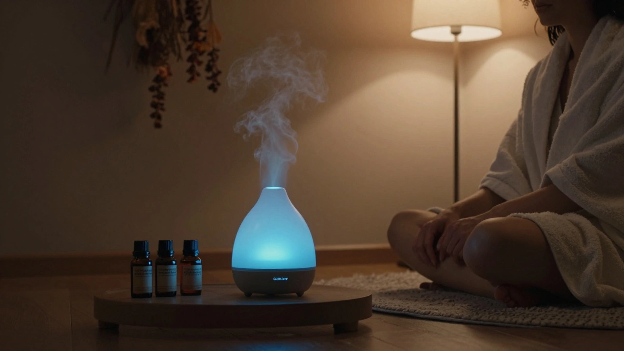 Večerní spa roh s difuzérem a láhvičkami esenciálních olejů.