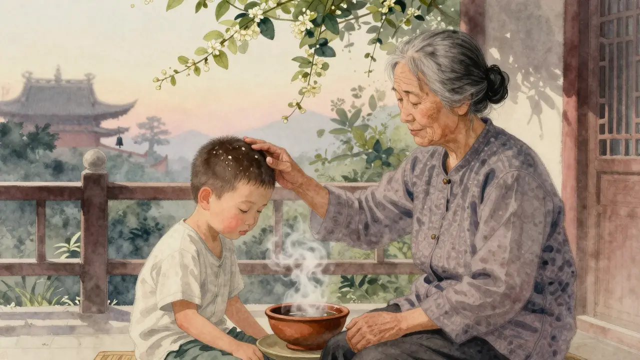 Dítě a stará žena si navzájem masírují hlavy na verandě večer.