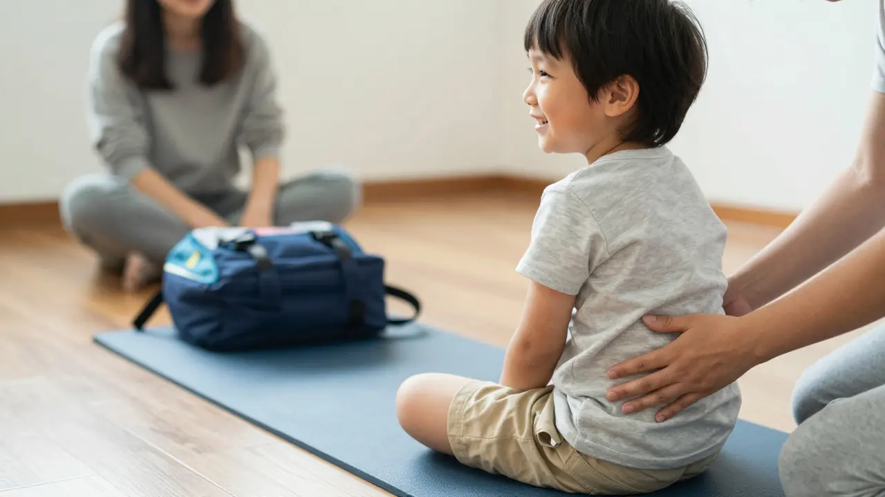 Dítě se směje, léčitel jemně koriguje jeho kyčli, rodič pozoruje.