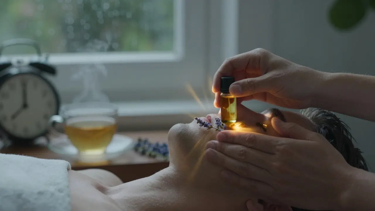 Dvě ruce, jedna nanáší esenciální oleje na krk a čelo druhé, s jemným zlatým světlem v místě kontaktu.