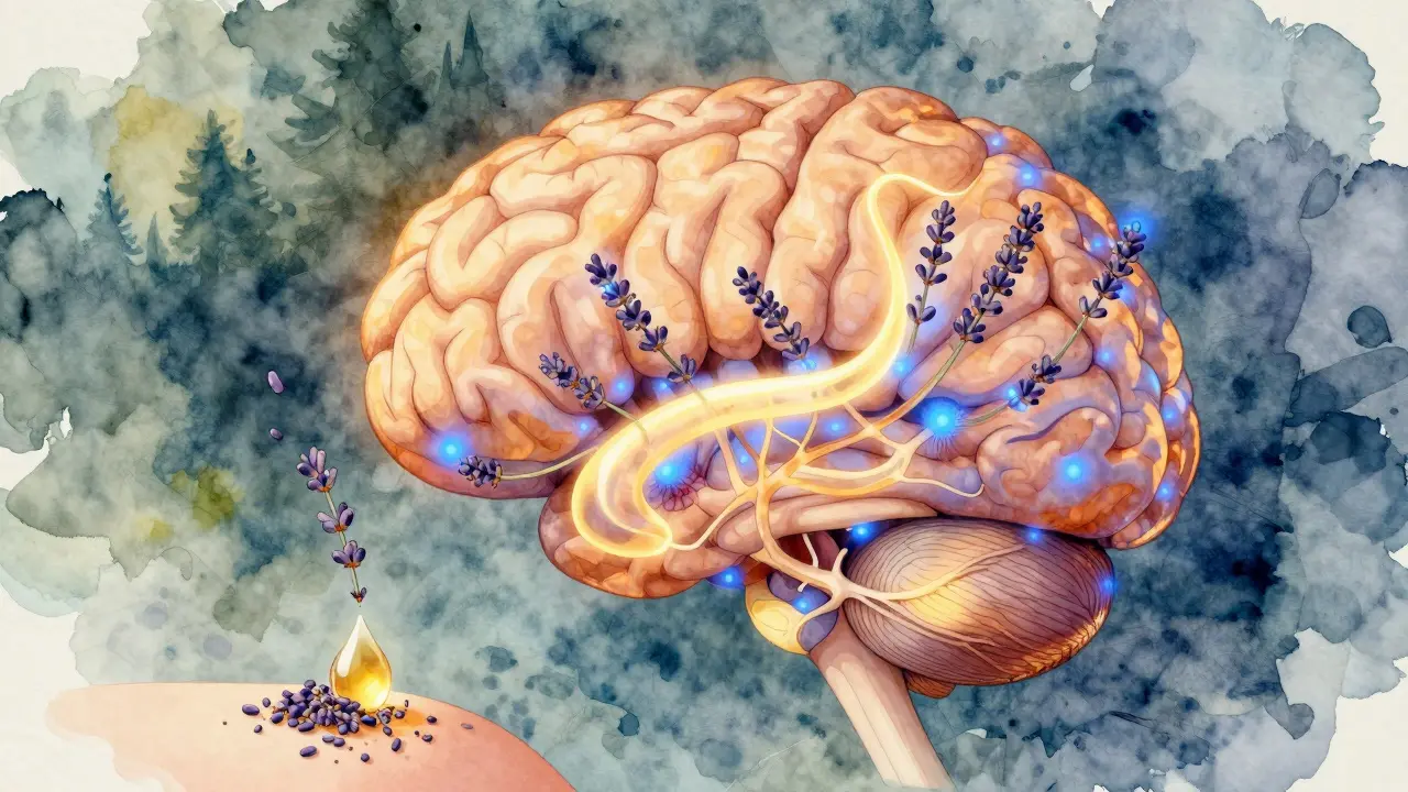 Ilustrace lidského mozku s aktivním limbickým systémem, který reaguje na esenciální oleje vdechované z kůže.