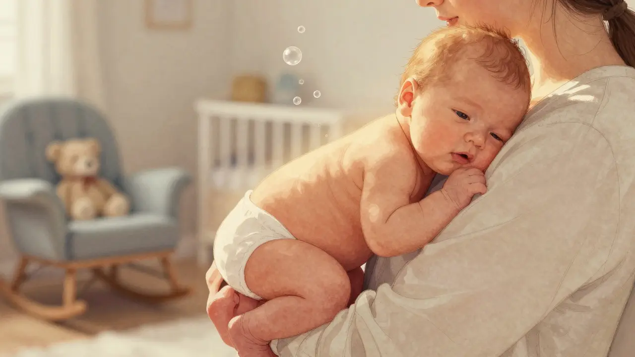 Novorozeneček v pozici kolena k břichu, držený rodičem, s jemnými bublinkami nad bříškem.