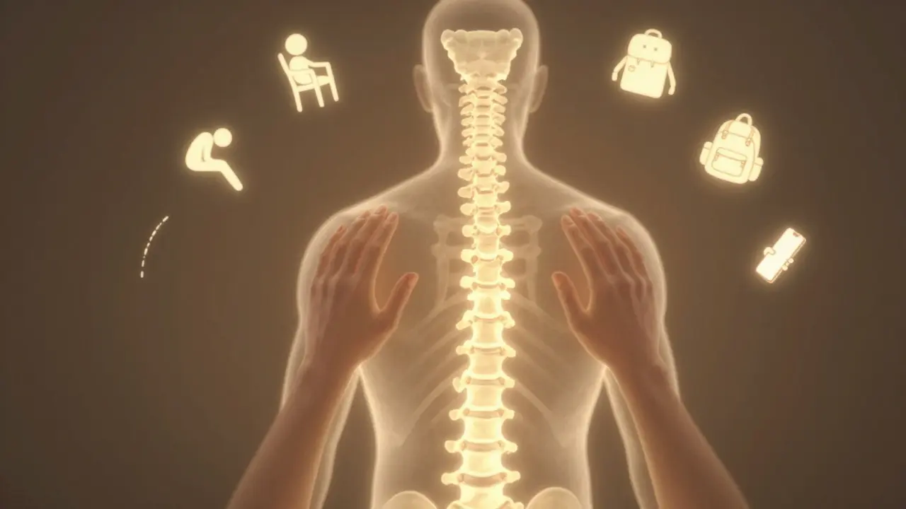 Ozářená páteř se vrací do přirozené polohy, špatné návyky mizí ve světle.