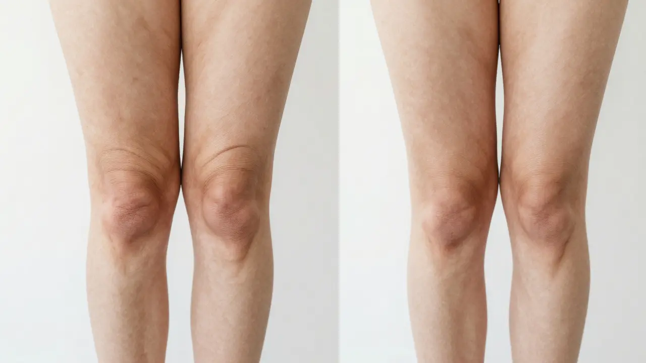 Porovnání vzhledu celulitidy před a po vakuoterapii na stehnech.