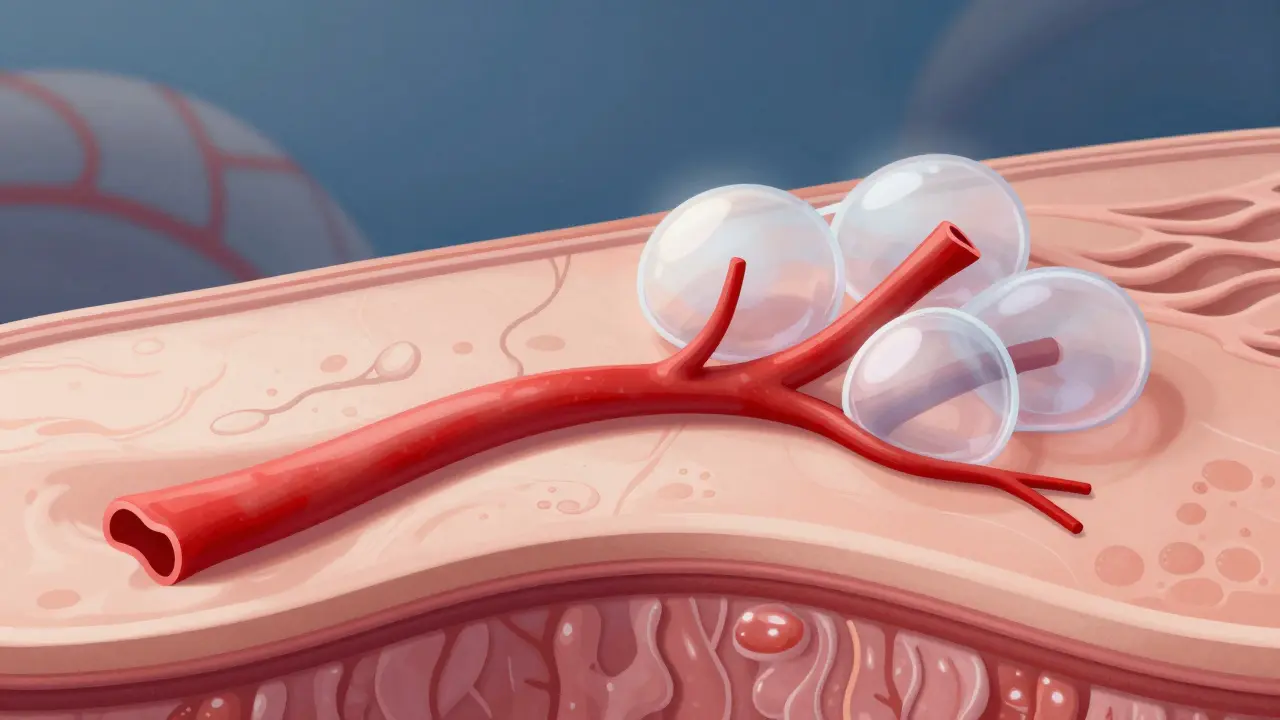 Průřez tkání ukazující zvýšený krevní oběh pod vlivem podtlaku.