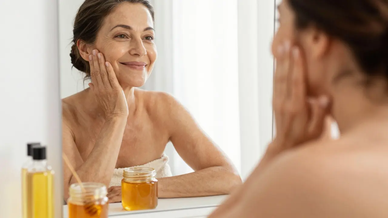 Dospělá žena se dívá do zrcadla po medové masáži, její kůže září zdravým leskem.