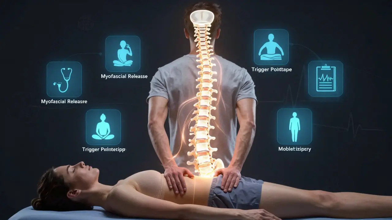 Koncepční obrázek páteře s představou léčebných technik zdravotní masáže.