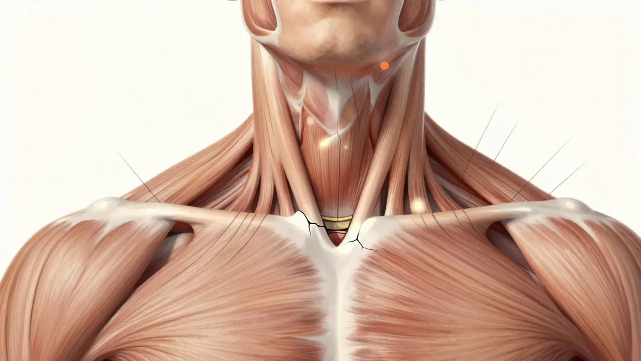 Křížový řez krku ukazující napjaté svaly a trigger body, které způsobují bolest v oblasti ramen a hlavy.