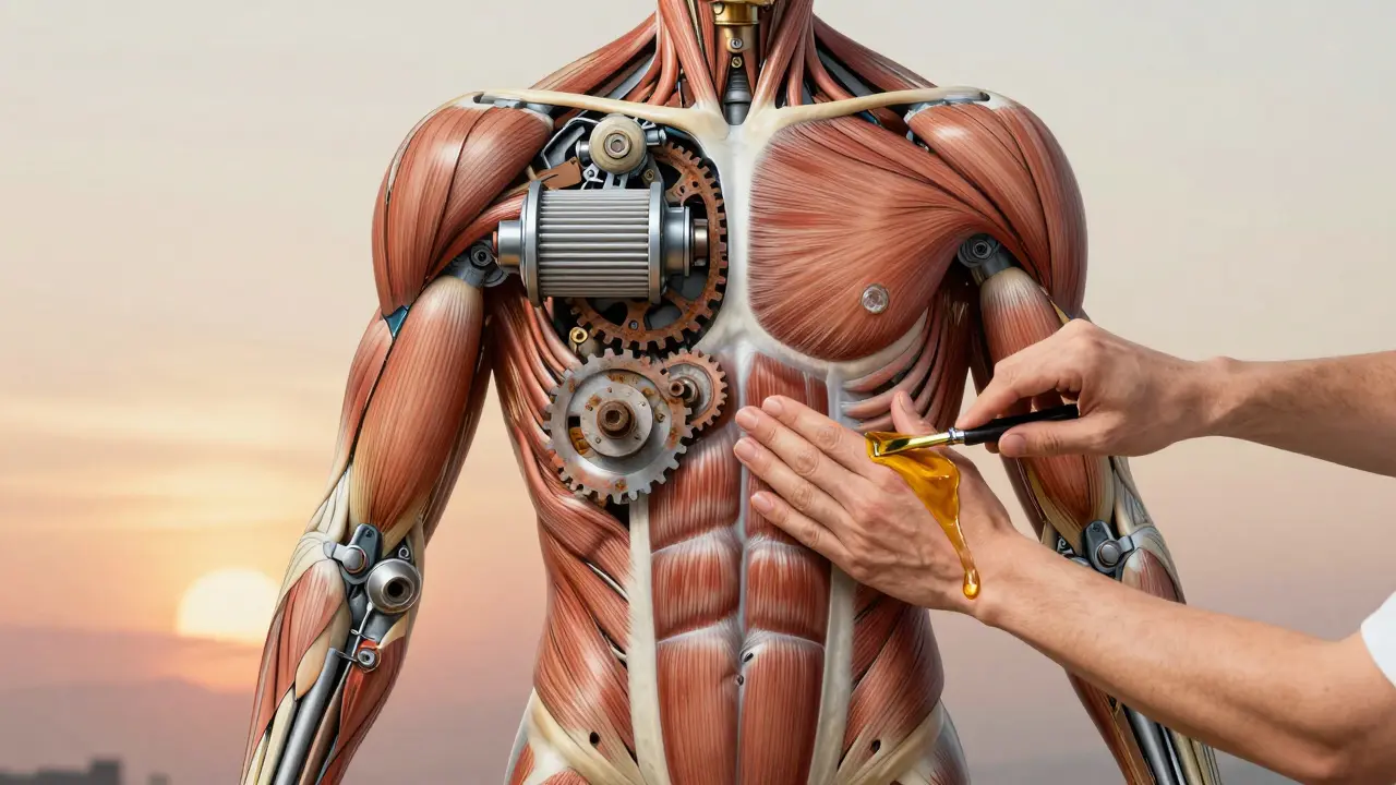 Lidské tělo jako stroj s uvolňovanými napnutými součástmi pod masáží.