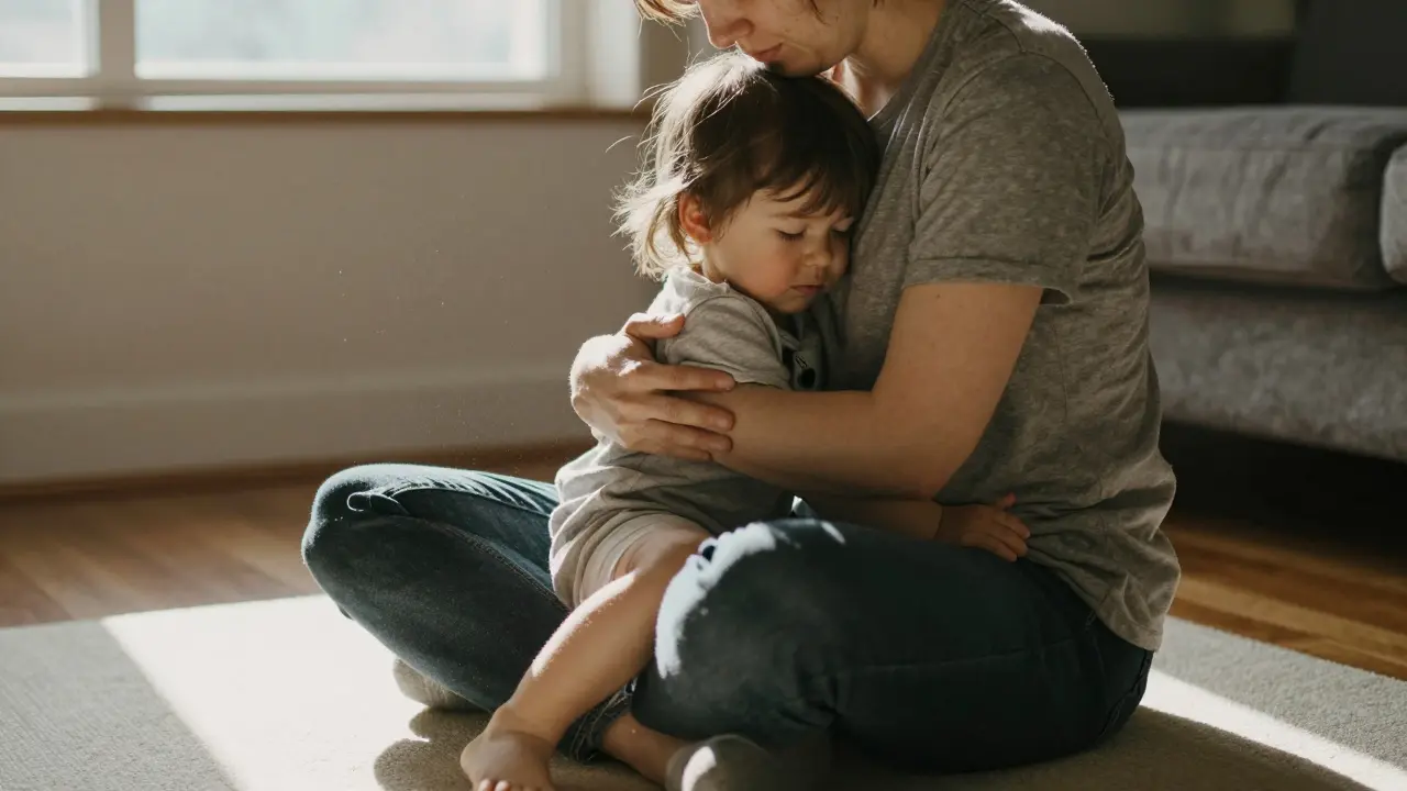 Rodič a batolato sedí na zemi, když se dítě přitiskne k rodiči během masáže záda.