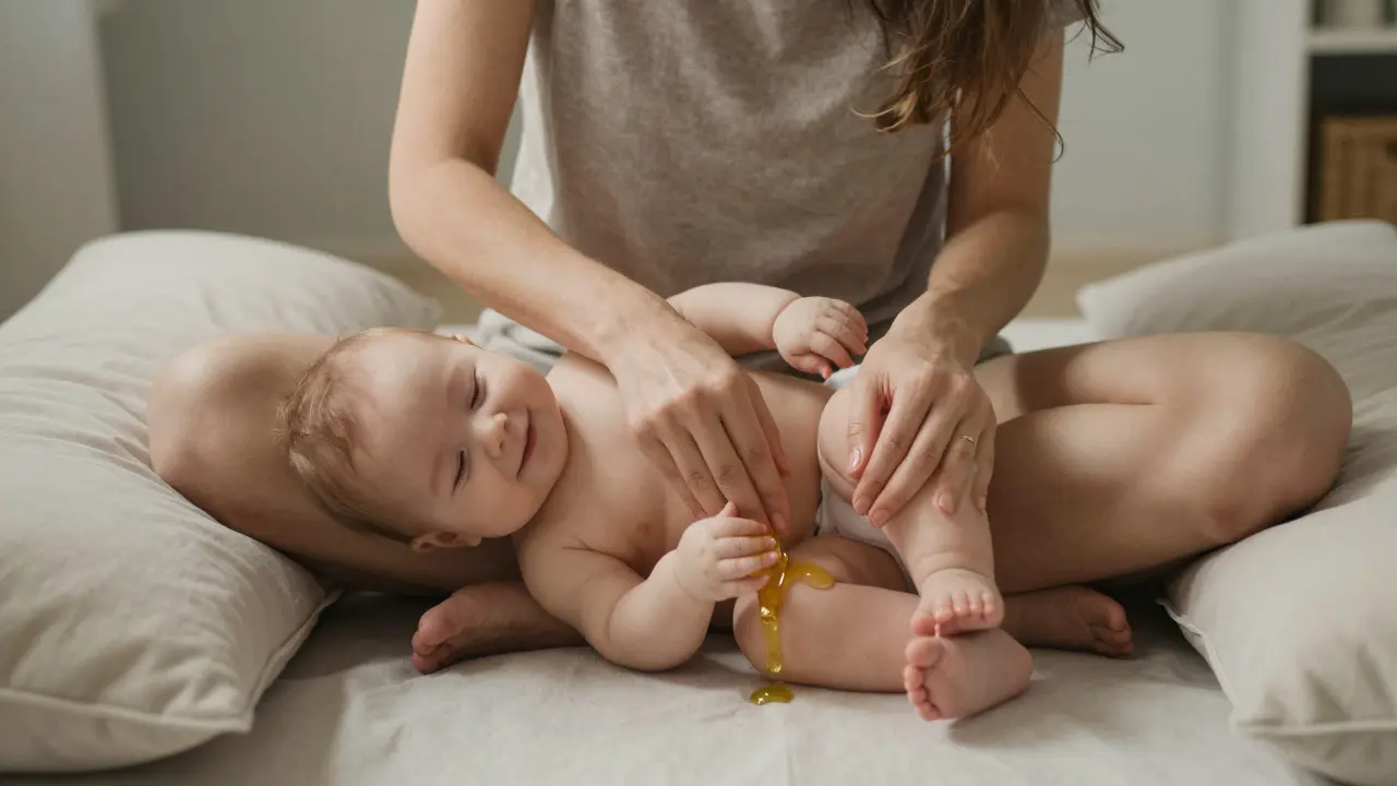 Rodič masíruje nožky 4měsíčního miminka na podlaze, obklopený měkkými polštáři.