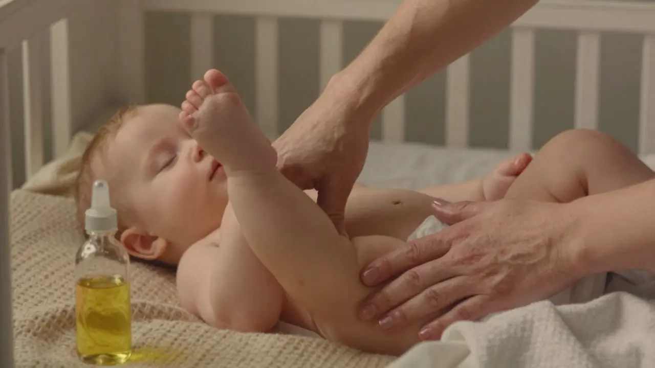 Ruce rodiče jemně hladí nožku kojence, zatímco dítě klidně spí.
