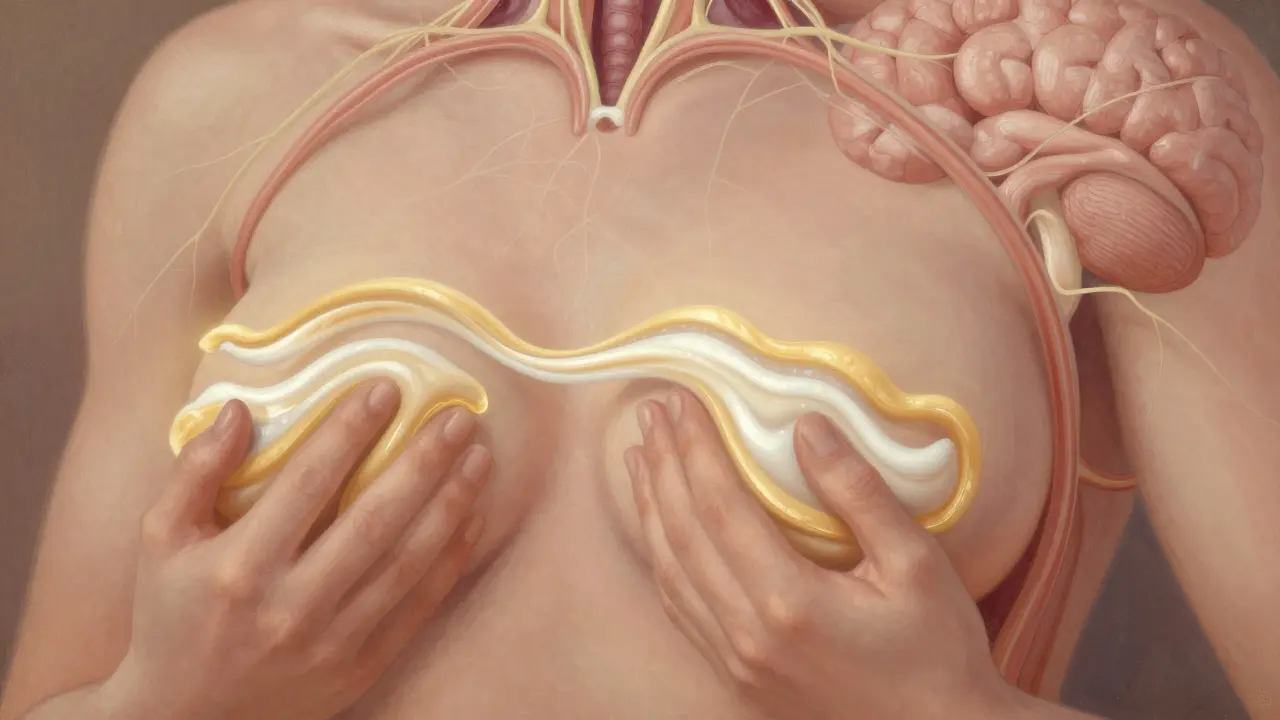 Umělecká reprezentace toku mléka a stimulace oxytocinu při masáži.