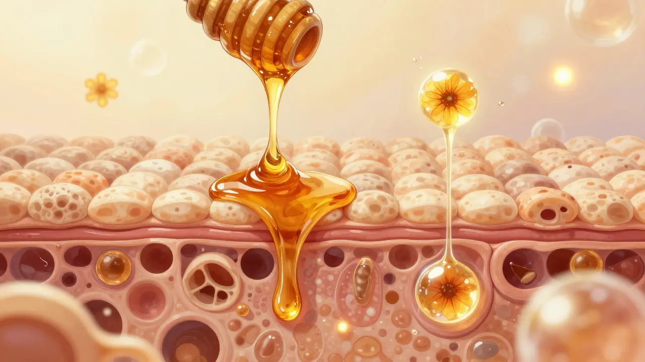 Umělecké znázornění, jak med odstraňuje mrtvé buňky a dodává kůži antioxidanty a vlhkost.
