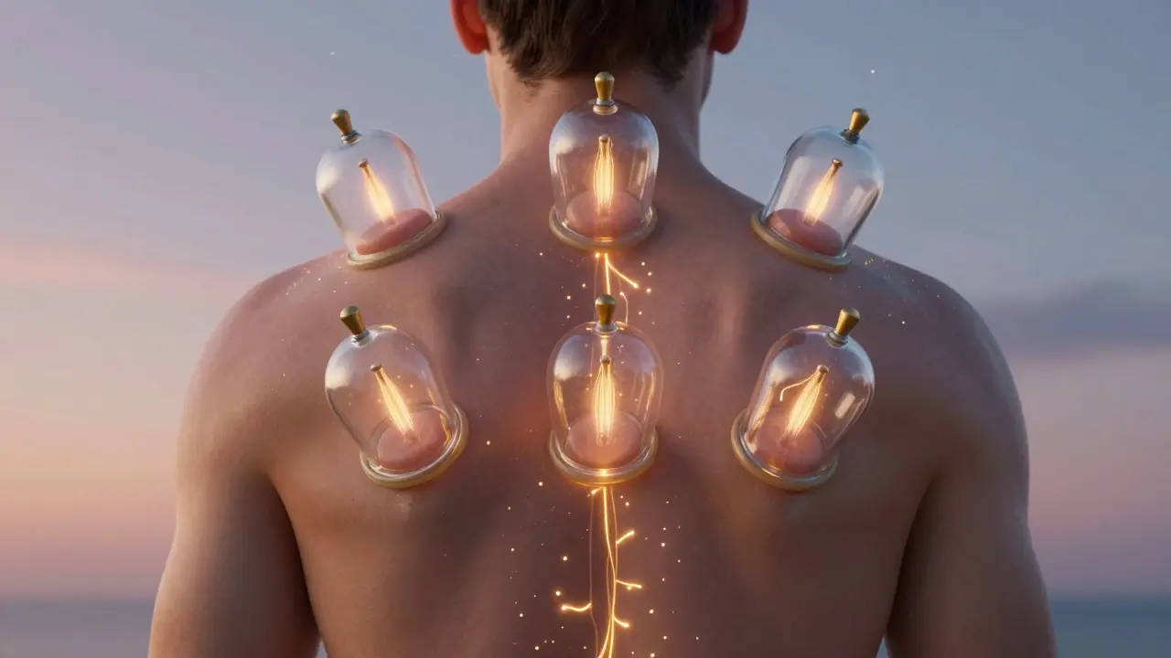 Koncepční obrázek těla s lehkým světlem vyzařujícím z baňek, symbolizujícím uvolnění napětí a detoxikaci.