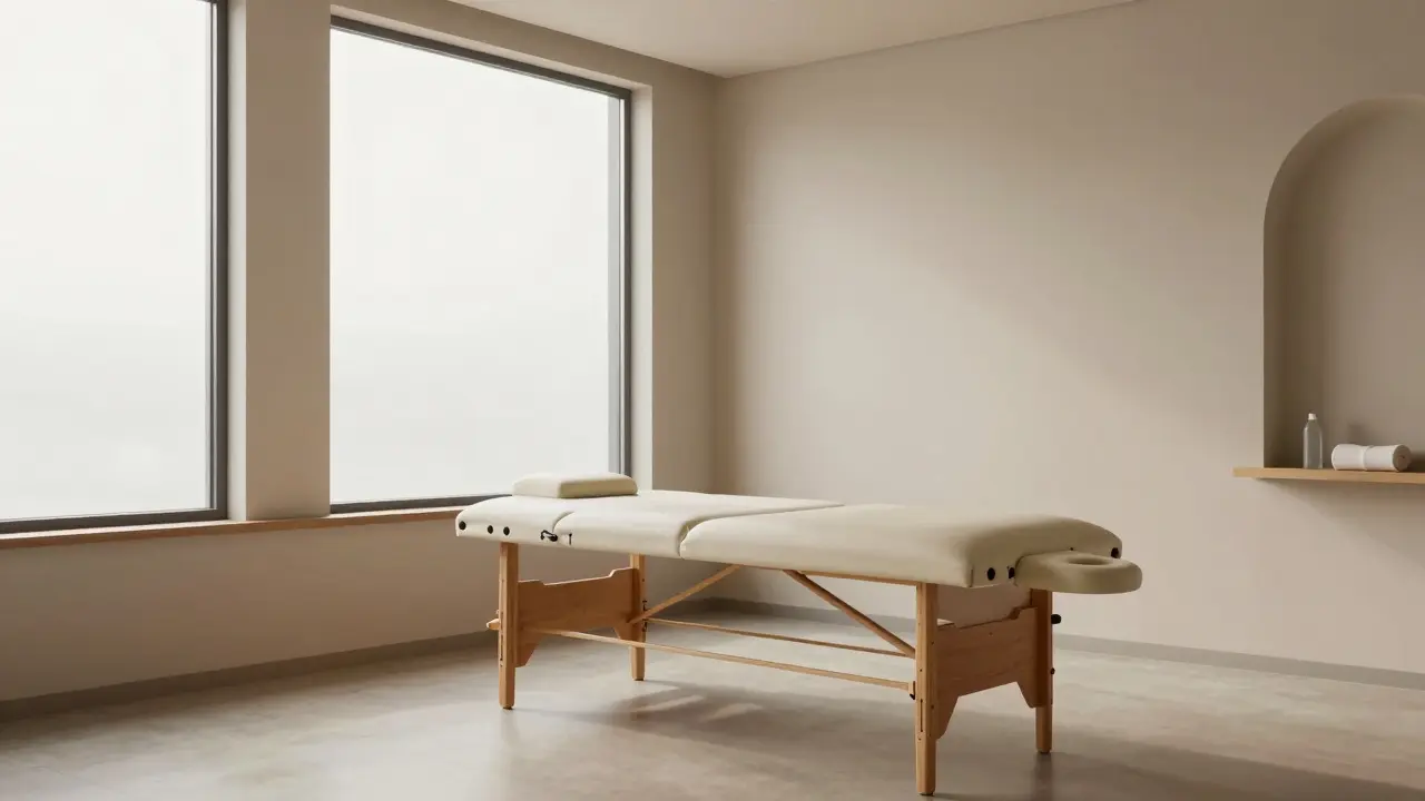 Poklidná rehabilitační místnost s masážní lavičkou