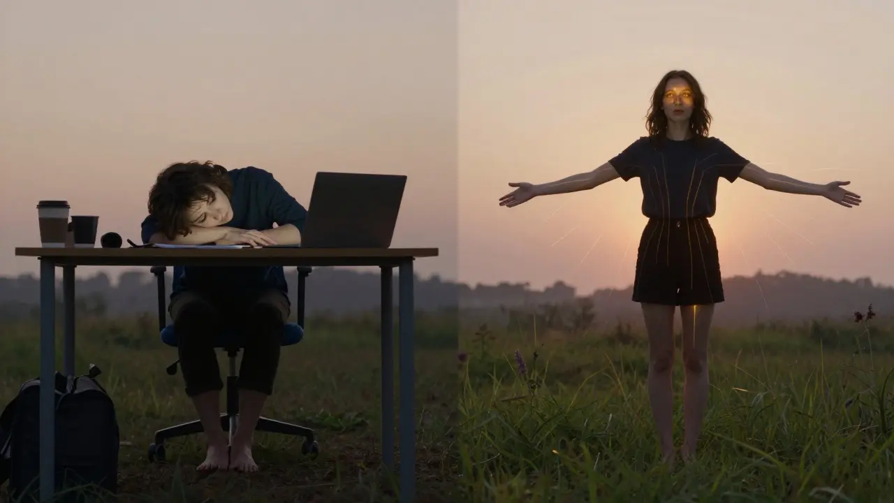 Před a po: jedna osoba unavená u počítače, druhá vesele stojící na slunci s plynulým prouděním energie po těle.